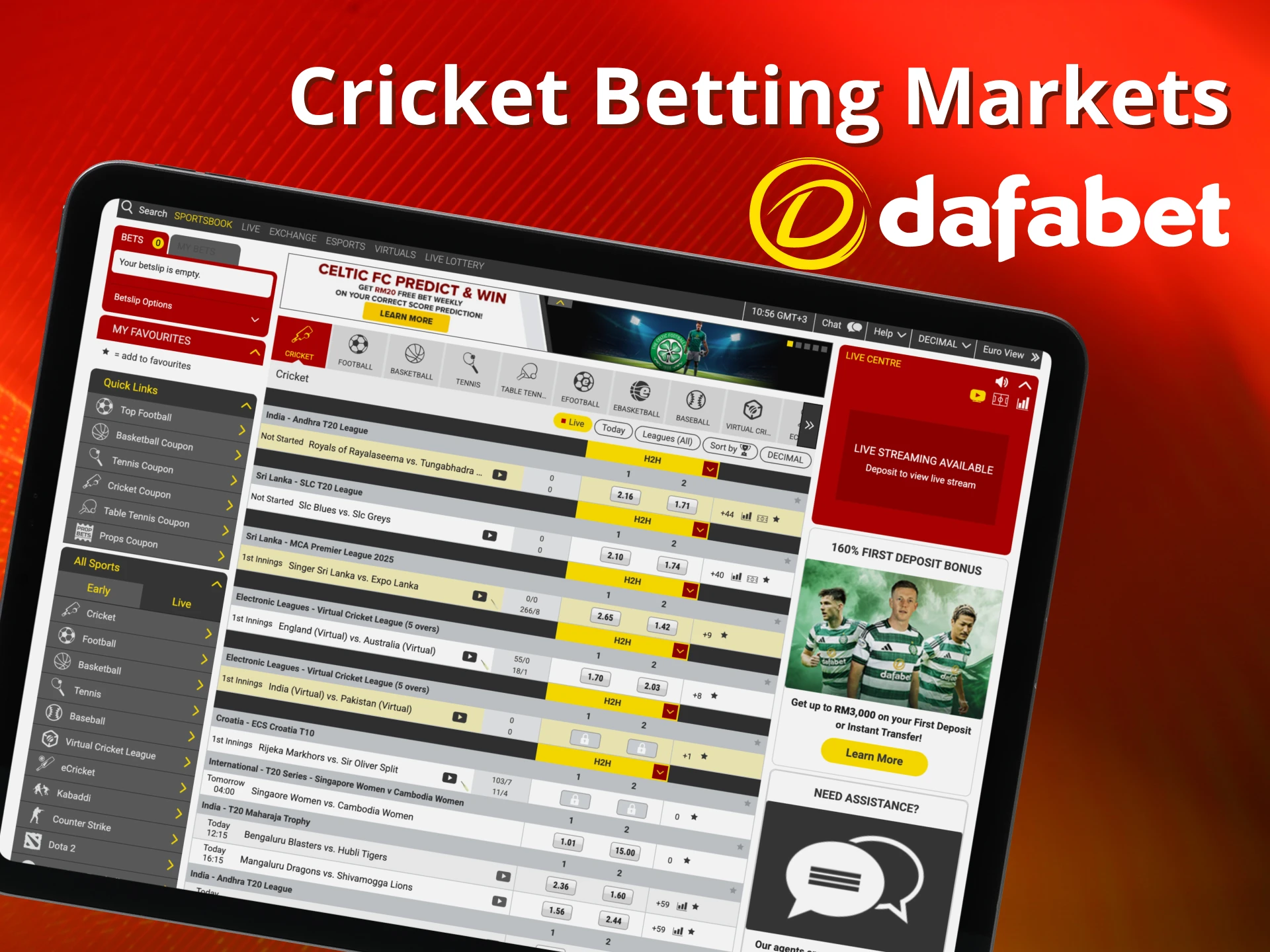 Explore top cricket betting markets at Dafabet.